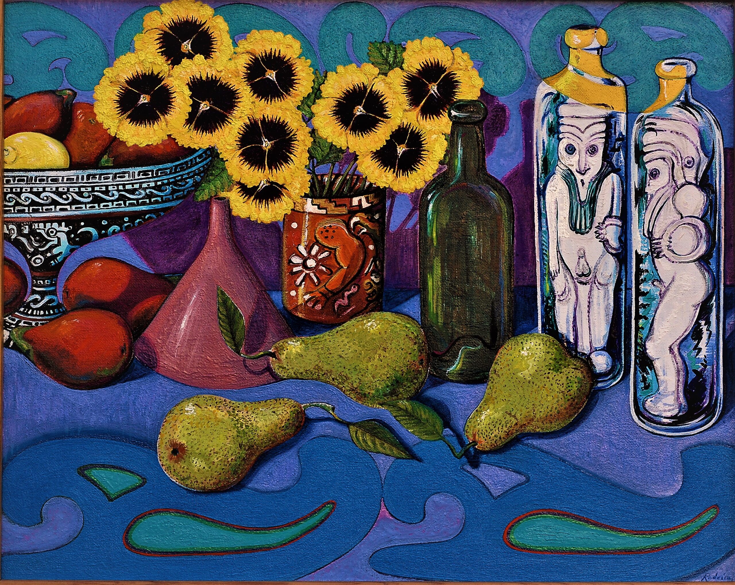 10. José Rodeiro. Nicaraguan Bodegon with Pears & Pansies, Oil on canvasboard, 18”(h) x 24”(w), 1999,