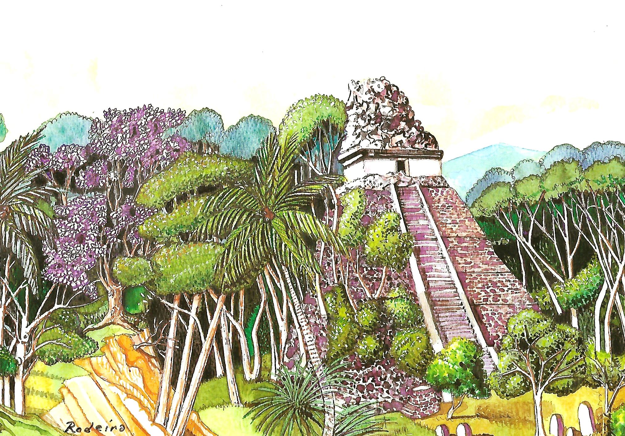 14. Rodeiro Tikal National Park, Guatemala, watercolor and ink, 11 x 17, 1990