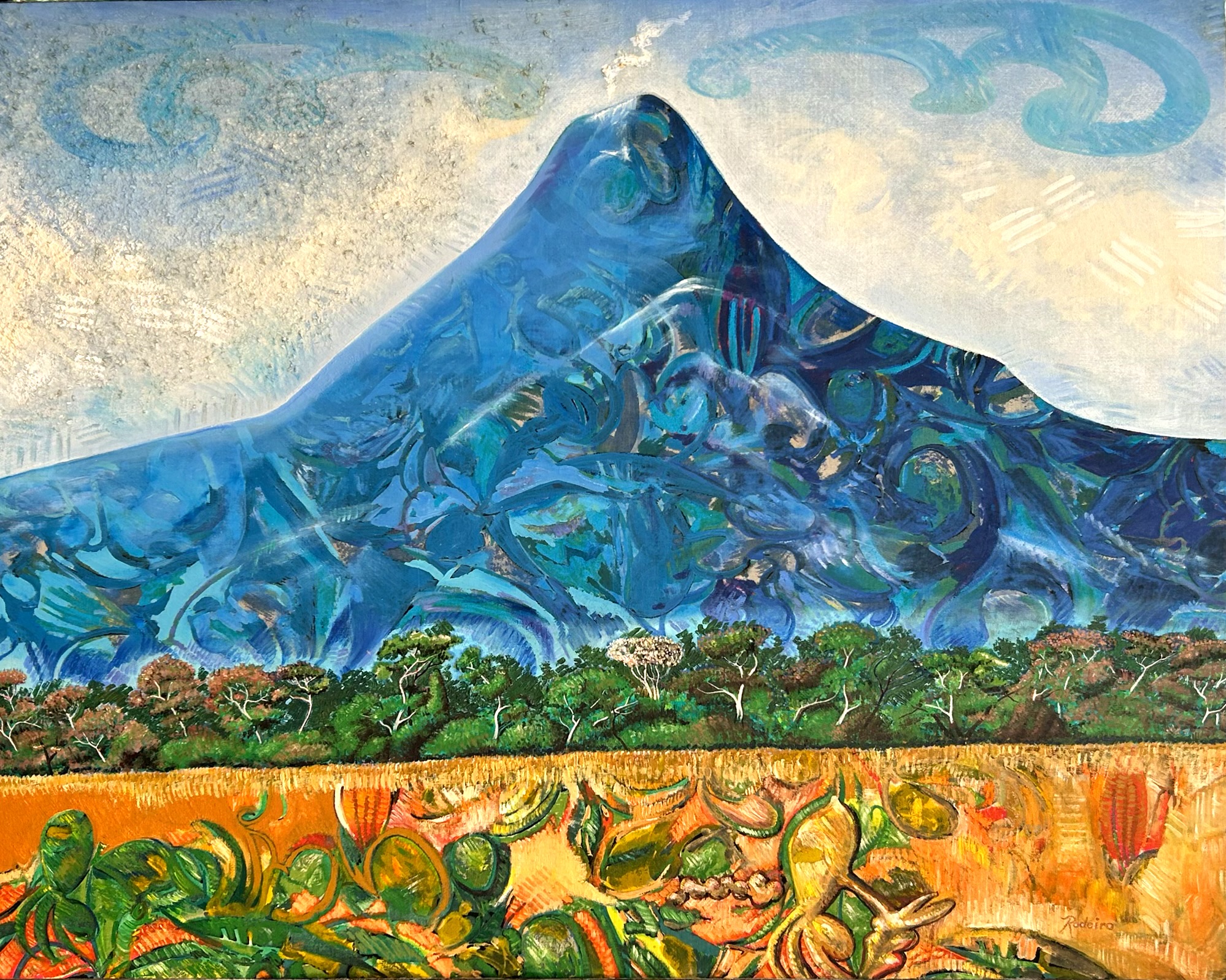 2. Rodeiro “Momotombo Volcano with a Field and a Jungle,” Oil & ink-on-linen, 24 inches x 30 inches, 1995 .