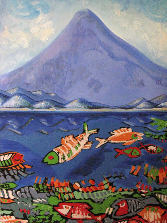 3. Rodeiro Momotombo on Lake Managua, Oil & ink-on-linen 24 x 30, 1995.